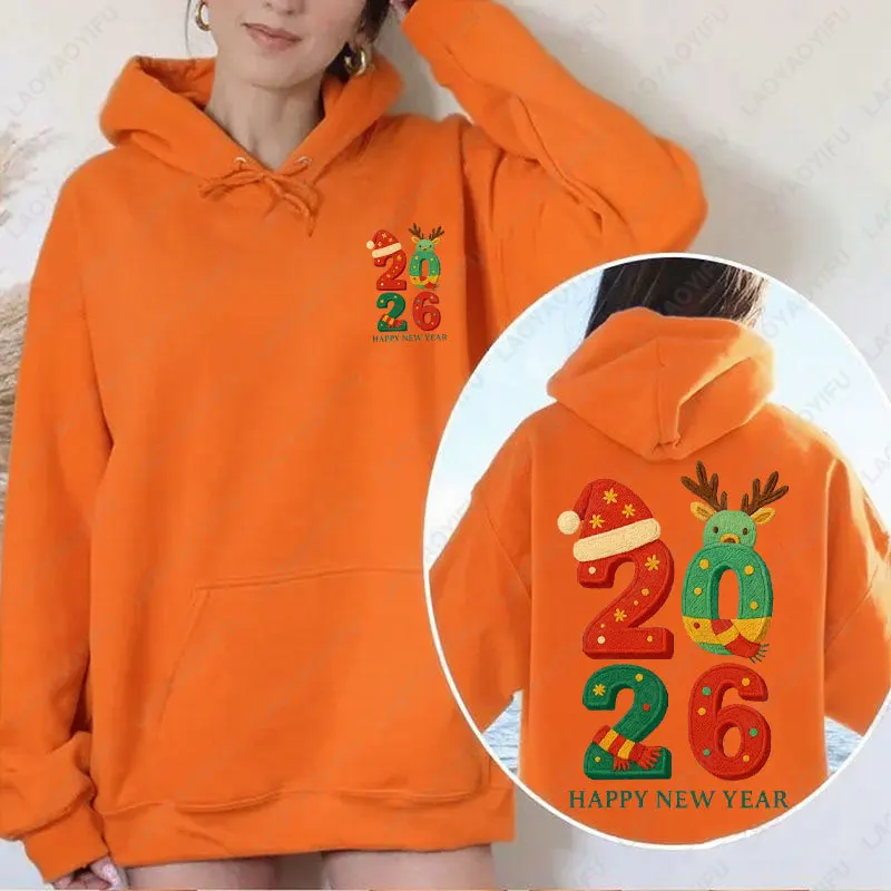 Hello 2026 Happy New Year Embroidery Cute Style Two Sided Women Hoody Happy Holiday Xmas Hat Elk Letters Graphic Simple Hoodies