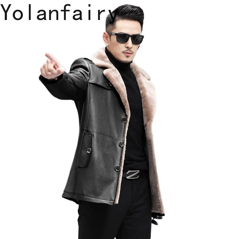 

YOLANFAIRY Genuine Leather Jacket Men Mid-length 2025 Autumn Winter Warm Leather Jackets Man Wool Inner Top Layer Cowhide Coat