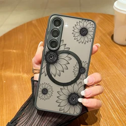 Magnetic For Magsafe Hollow Sunflower Floral Case For Samsung Galaxy A55 A54 A35 S25 A15 5G S21 FE S22 S23 S26 S24 Ultra Capa