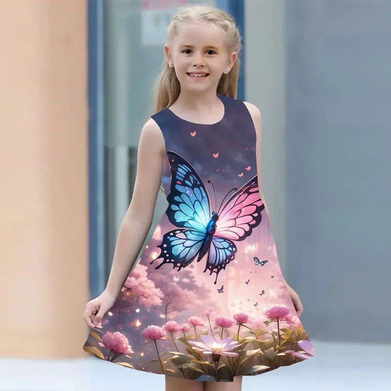 Summer Princess Dress For Girls 2024 Kids Clothes Sleeveless O-neck Butterfly Floral 3D Print Party Dresses 2 To 8 Years