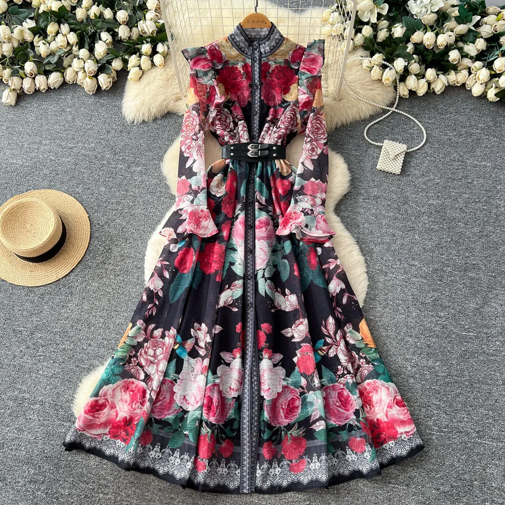 

Women Dresses Long Dress A Line Vestidos High Waist Print Floral Y2k Streetwear Full Sleeve Elegant Slim Fit Party Night Work