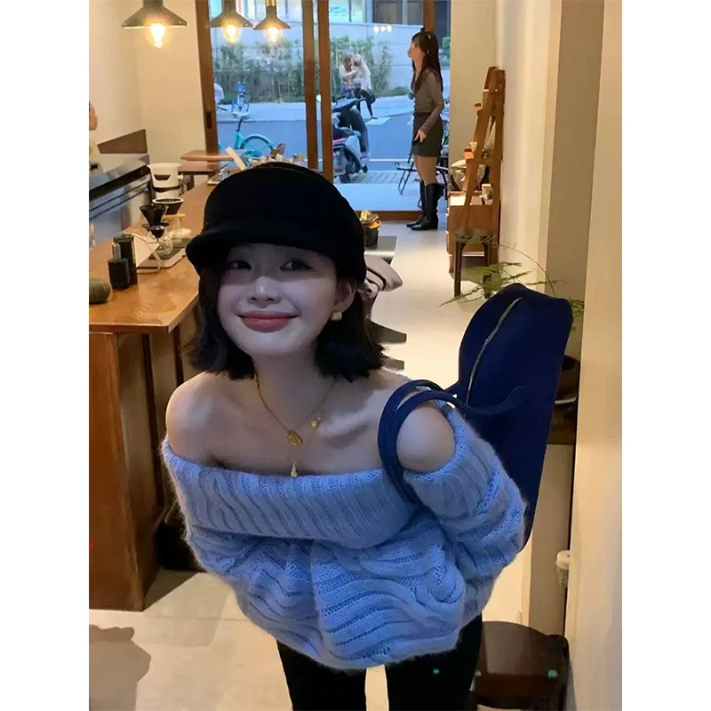 Slash Neck Sweater Women Fashion Sexy Off Shoulder Knitted Pullovers Streetwear Korean Long Sleeve Knitwears Winter Jumpers New