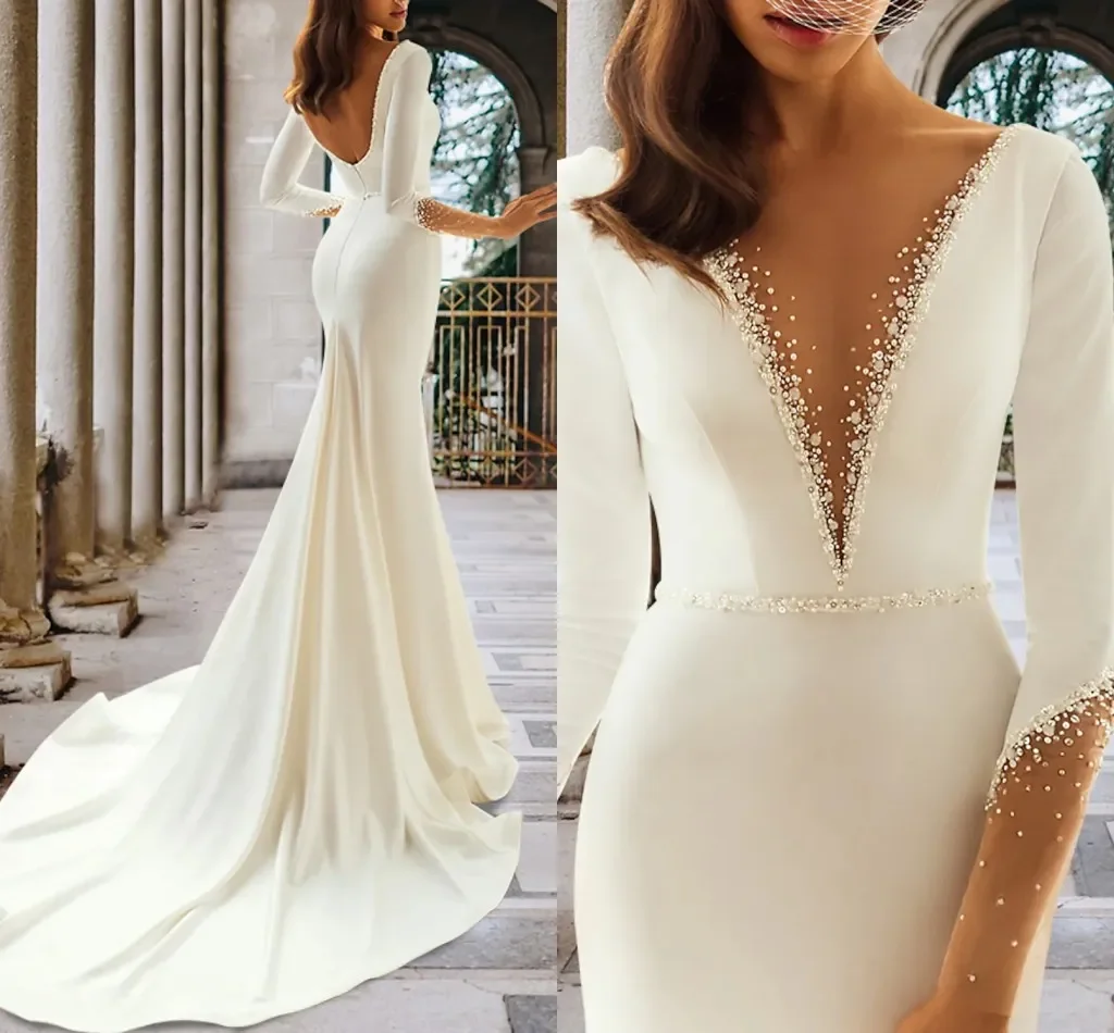 Klassieke zeemeermin kristallen kralen dames trouwjurk sexy v-hals backless bruidsjurk met lange mouwen vestidos de novia aangepast