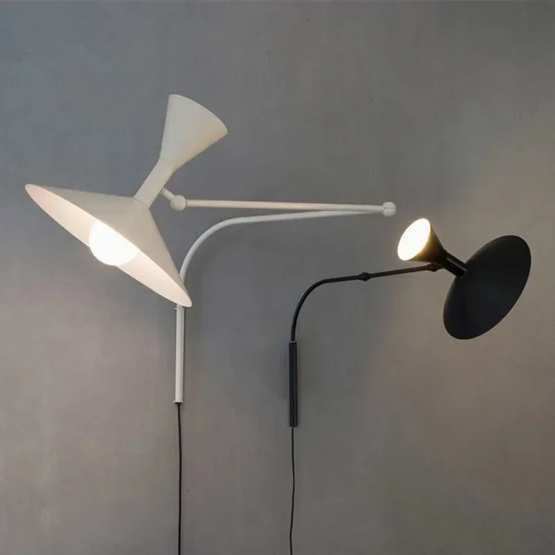 

Designer Marseille Wall lamp White Black Metal Trumpet Swing Arm Sconce Lamp For Living Room Study Room Bedroom Bedsid