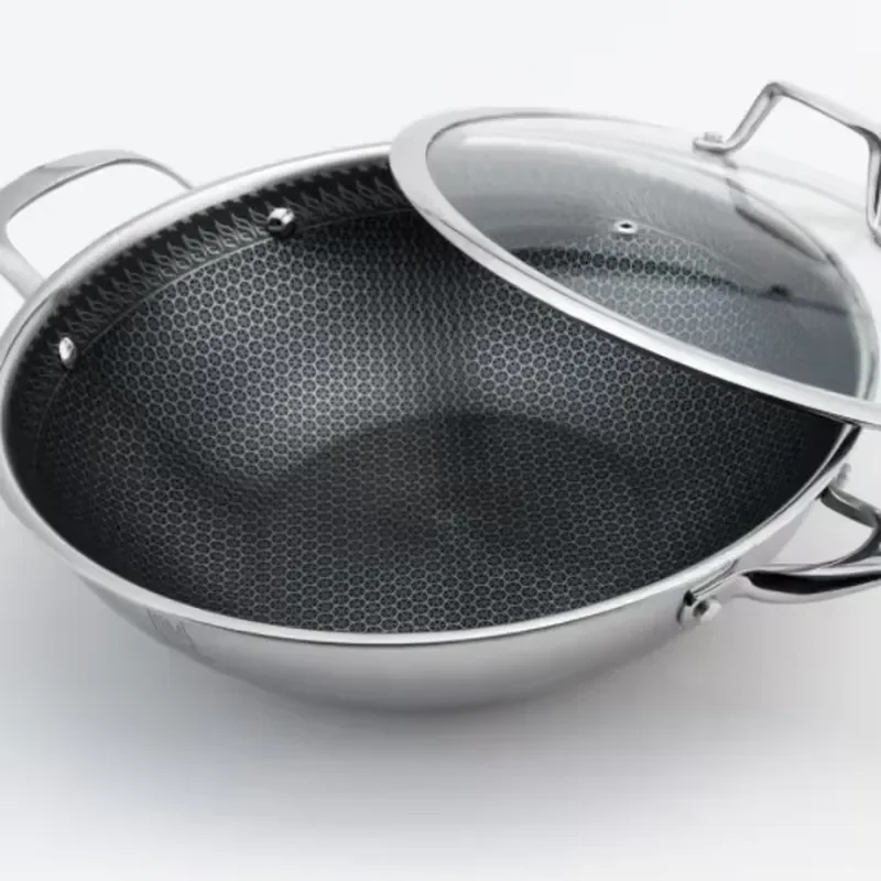 Heavy Duty Stainless Steel Wok Pan Uniform Heating Less Smoke Cooking Pot Compatible With Induction Cooker And Gas Stove