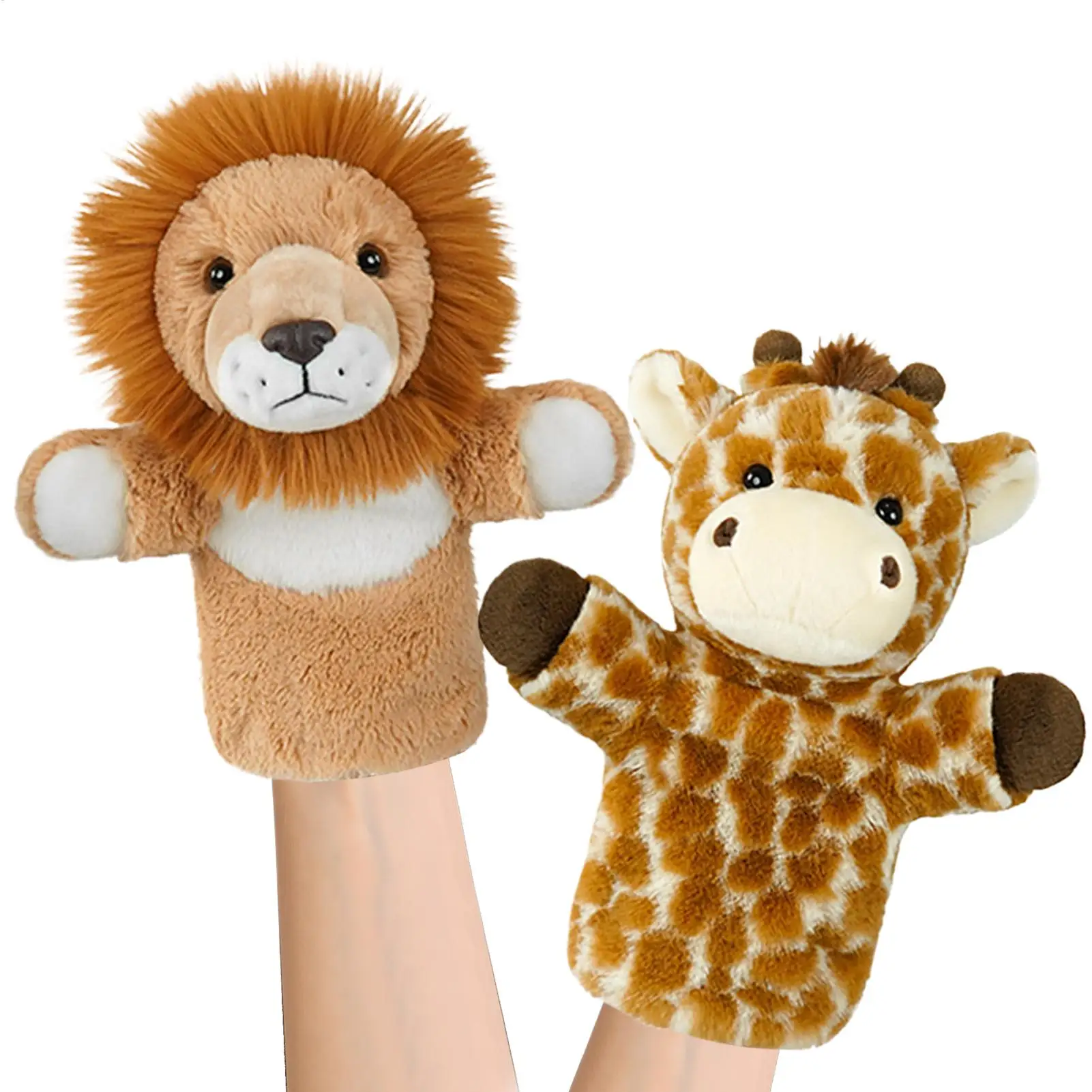 دمى يدوية محشوة على شكل حيوانات من القطيفة على شكل أسد وزرافة دعائم أداء لمرحلة الأداء دمى يدوية للأولاد والبنات والمعلمين #1