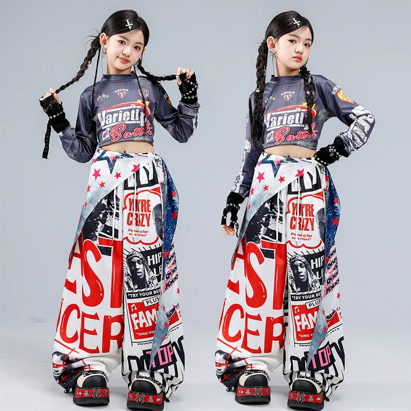Kid Kpop Hip Hop Clothing Gray Black Print Crop T Shirt Top White Graffiti Dopamine Pants for Girl Street Dance Costume Clothes view 4