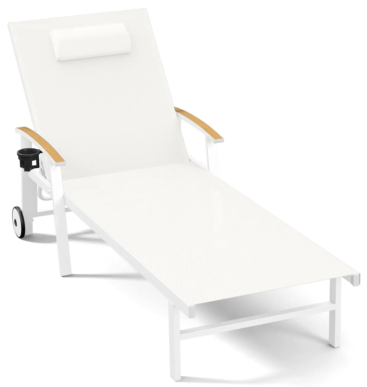 Aluminum Lounge Chair, 5-Position Adjustable Chaise with Wheels & Armrests, 400 lbs Patio Chair for Pool Deck, White, Customized