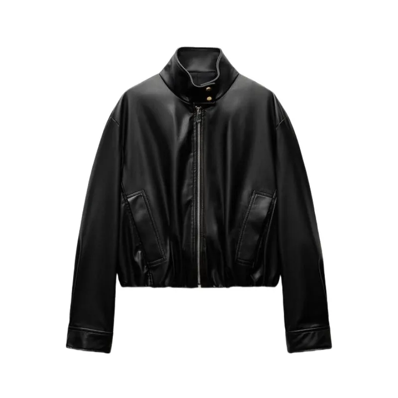 LIBIELIY خريف/شتاء جديد للمرأة نمط الشارع Y2k دراجة نارية موضة كم طويل الوقوف طوق سترة جلدية تقليد #1