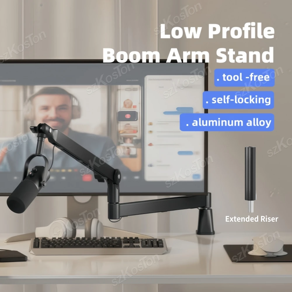 調整可能なマイクスタンド、薄型マイクアーム、マイクブームアーム、ケーブル管理機能付き、SM7B、MV7、AM8、K688、HyperX QuadCast対応