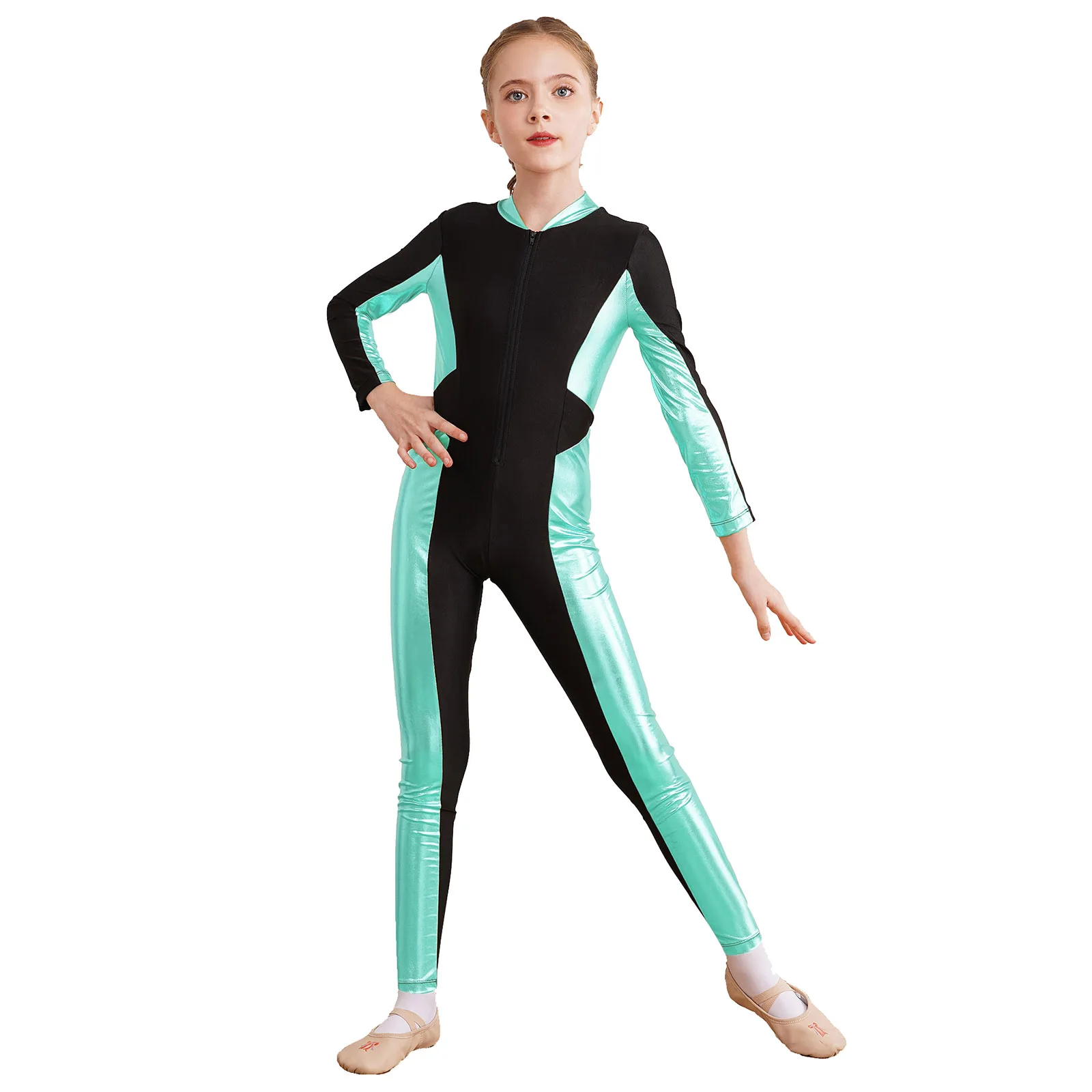 Kids Girls Zipper Gymnastics Jumpsuit Metallic Patchwork Dancewear Long Sleeve Unitard for Figure Skating Acrobatics Bodysuit