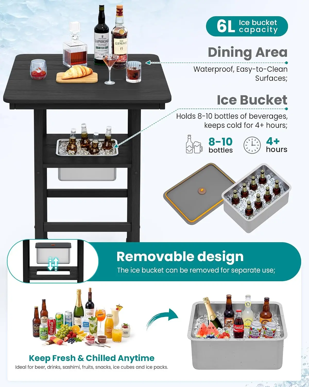 6 Pieces Outdoor Bar Chairs Table with Ice Bucket Set, Black, Custom