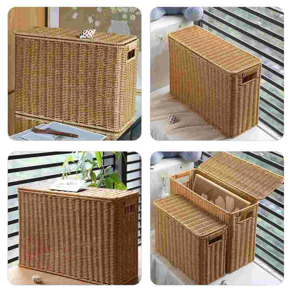 Wicker Storage Baskets Lids Rectangular Woven Shelf Baskets Rattan Storage Bins Laundry Hamper Magazine Basket Narrow