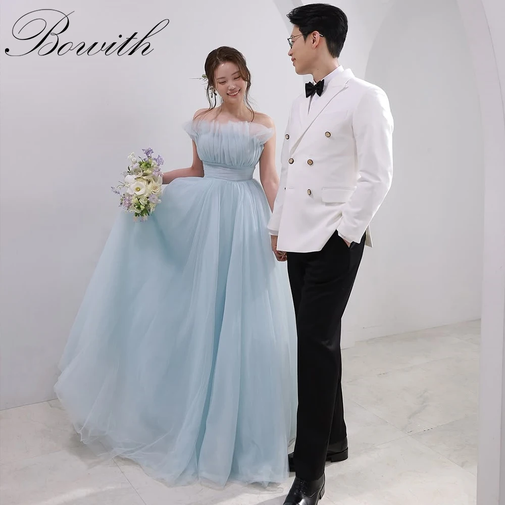 Bowith Baby Blue Korean Wedding Dresses Strapless A-Line Soft Tulle Bridal Gown Pleats Customized ウェディングドレス Women