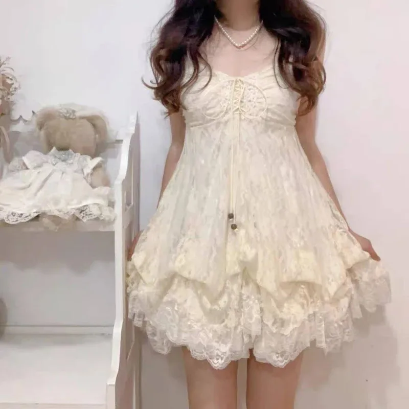 

Woman Sweet Kawaii Y2k Min Dress Lolita Cute Sleeveless Floral Dress Spicy Girls Lace Up Ruffle Slim Fit Dresses Design Chic