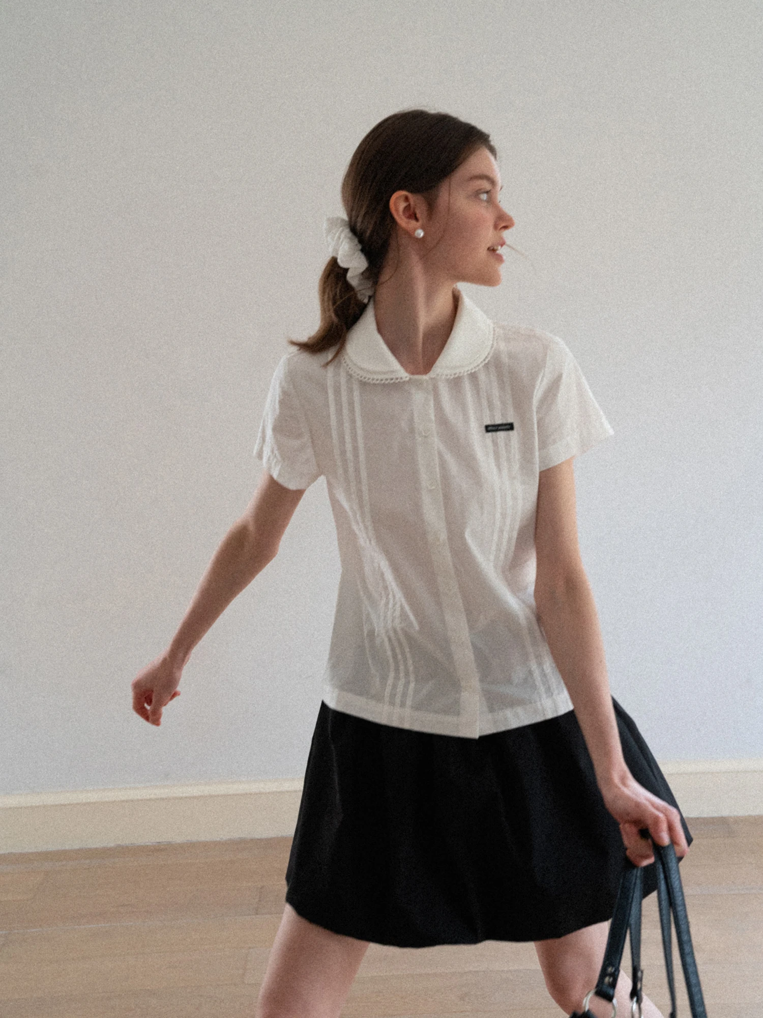 

White Miu Style Short Sleeve Shirt Women Summer College Style Doll Collar Loose Slimming Open Cardigan Top Cotton Straight Cut
