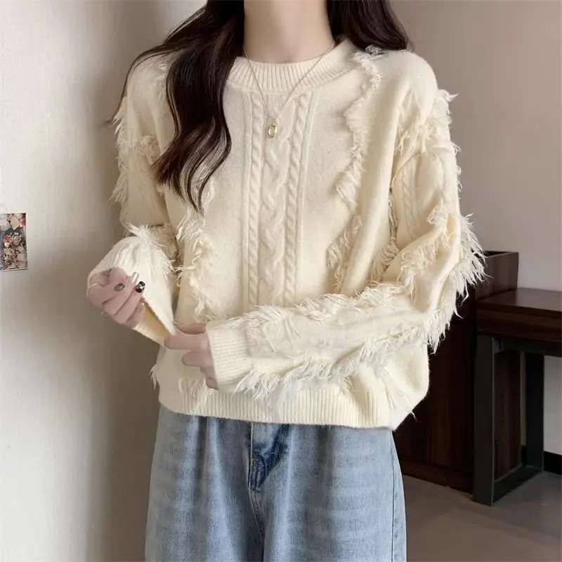 Hdspq Chic Rough Selvedge Sweater Women Autumn Winter Casual Loose Wild Sweaters Ladies Long Sleeve Thickened Warm Pullovers