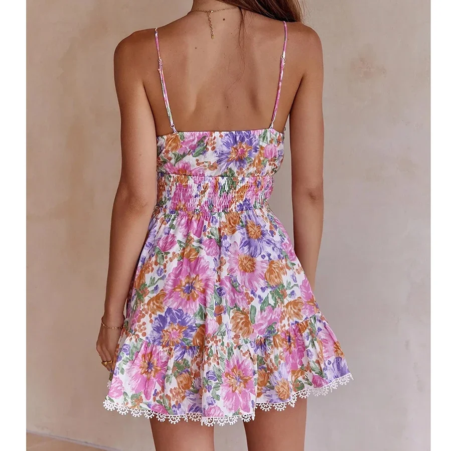 Gypsylady Floral Printed Strappy Mini Dress Bow Tie Pink Ruffles Sexy Summer Sundress Chic Backless Party Dresses Ladies Vestido