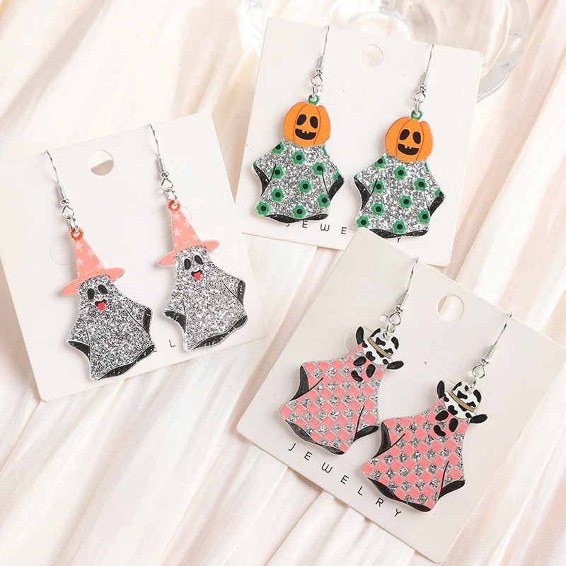 1Pair Halloween Woman Dangle Earrings Acrylic Pumpkin Ghost Drop Earrings For Girl Holiday Birthday Gift