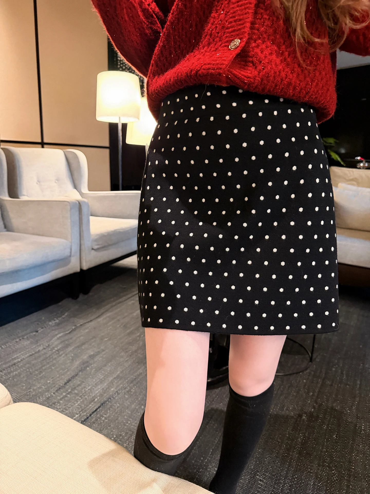 

Юбка Chen DaYu с высокой талией, вязаная, женская, осенне-зимняя, облегающая, черная в горошек, А-силуэт, для повседневной носки, офисная