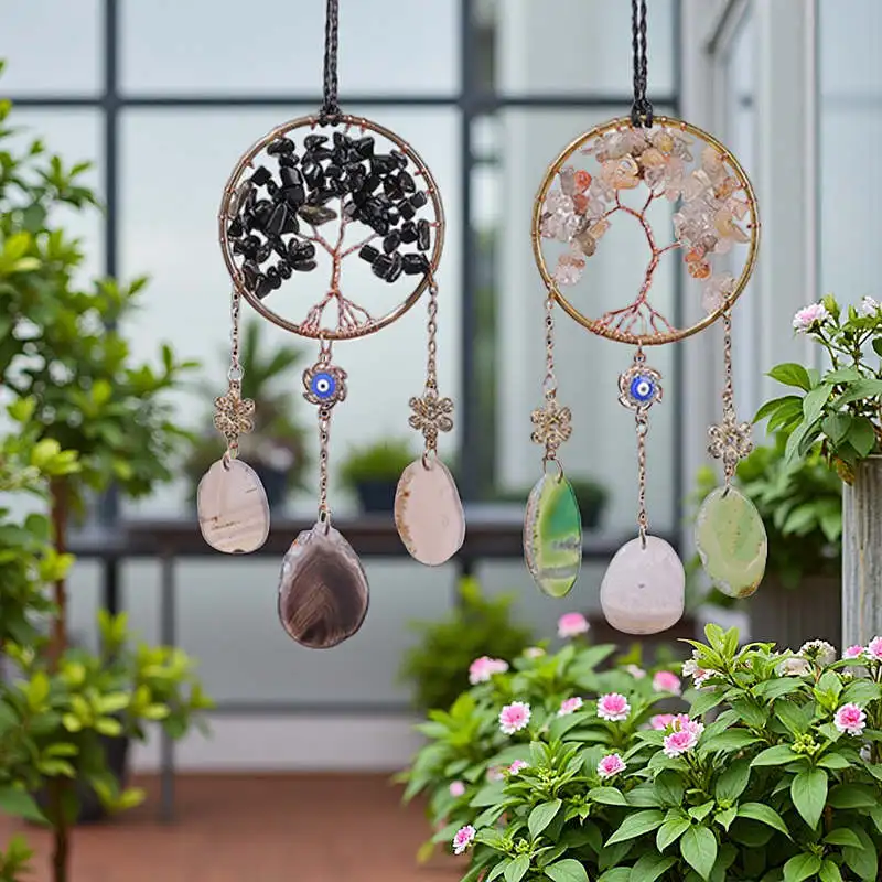 

Crystal Obsidian Tree of Life Sun Catcher Car Hanging Decoration Natural Gravel Gemstone Suncatcher Wind Chimes for Indoor Gift