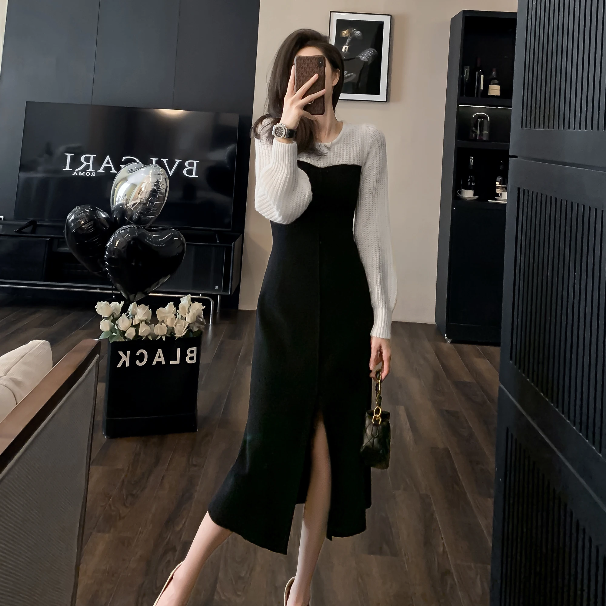 

French Retro Black White Patchwork Knitted Dress Women Elegant 2024 Spring New Office Lady Slim Mid-length Bottoming Dress Korea