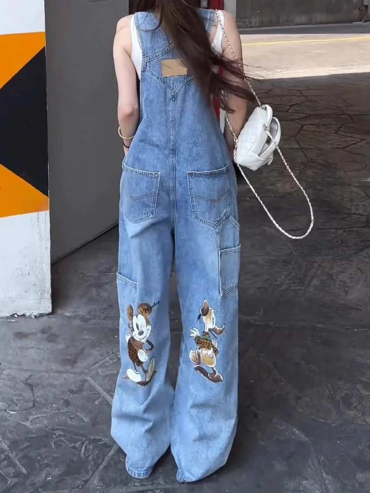 Lockere Denim-Overalls mit hoher Taille, Damen-Design, Cartoon-Druck, bodenlang, entspanntes Gefühl, Jeanshose für lässige Streetwear