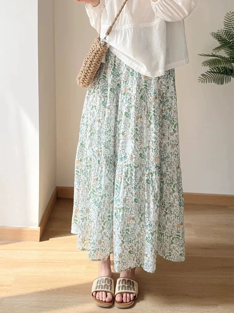 

Ele Mid-Length Printed Skirt Women's Summer Cake Sle Sweet Petite Personali High Waist Versatile Thin A-Line Skirt