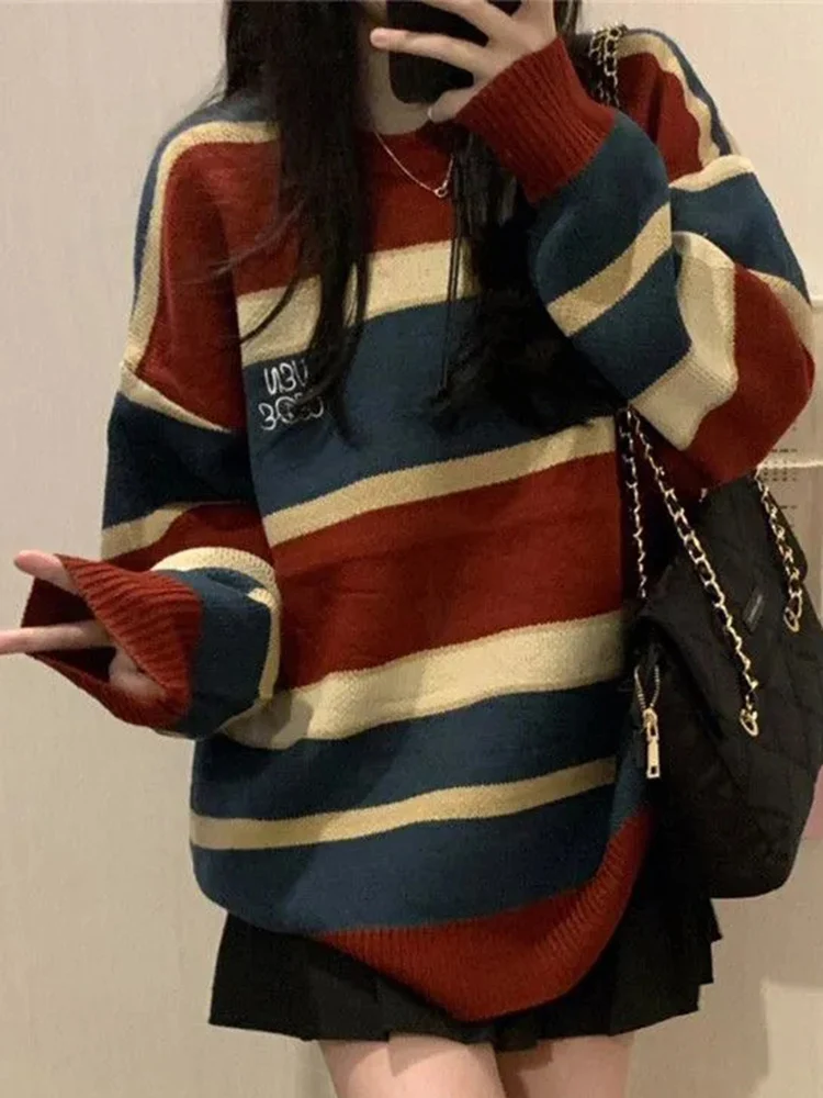 Zoki Harajuku Lazy Wind Striped Sweater Women Vintage Oversize Letter Knitted Tops Retro Loose Japan Bf Long Sleeve Pullovers