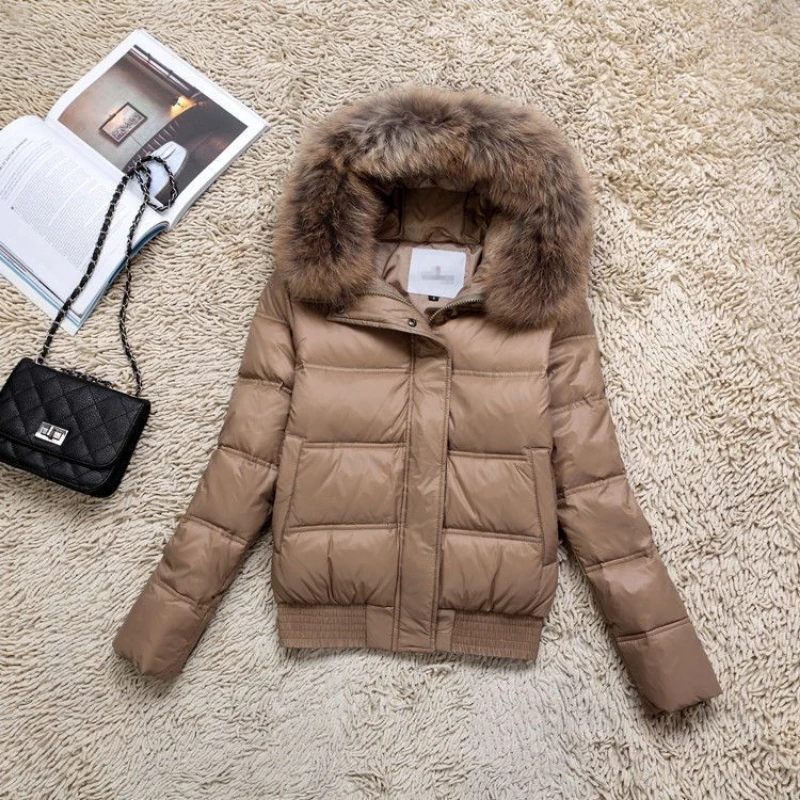 معطف الشتاء النساء معاطف الشتاء أسفل سترة المرأة موضة جديدة قصيرة الأبيض بطة أسفل كبيرة الفراء طوق مقنعين سترة دافئة #1