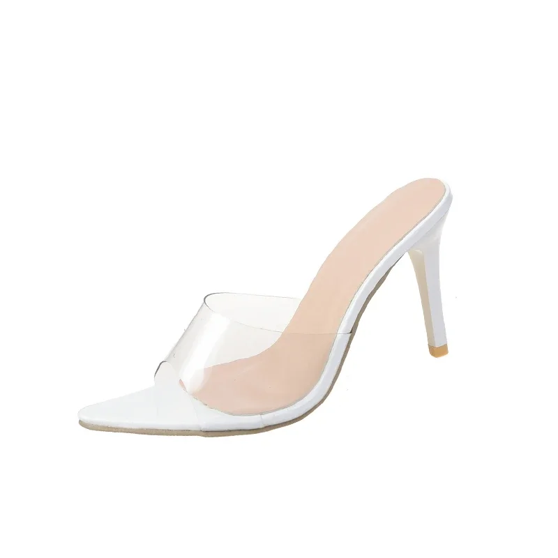 Trendige, sexy High-Heel-Slipper für Damen mit spitzer offener Zehenpartie, transparente Mules für Partys, Nude-Transparente Schuhe – Detail 10