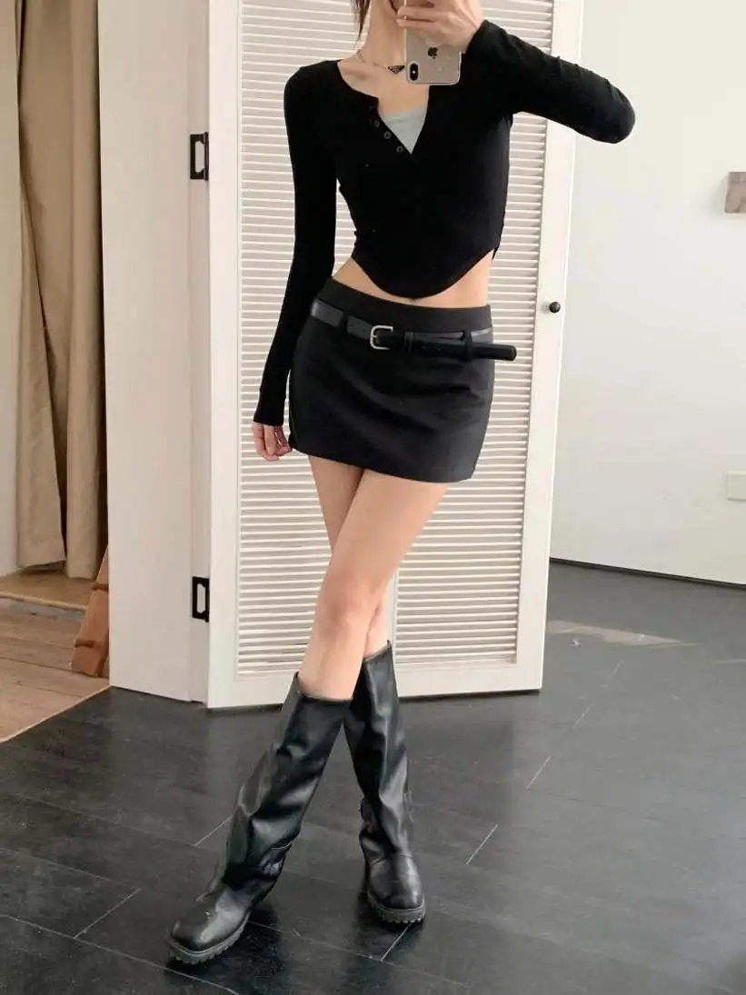 

Американский ретро-коледж с поясом, однотонный костюм или юбка, анти-легкая утягивающая юбка с запахом для сексуальной девушки, персональная юбка