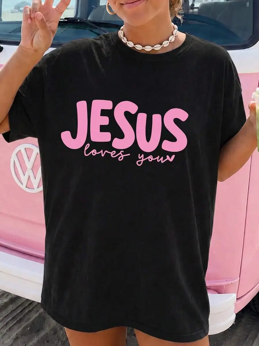 Women Trendy Jesus Loves You Inspirational Christian Faith Crewneck Short Sleeve T Shirt Religious Casual 1 Piece Everyday Wear Top