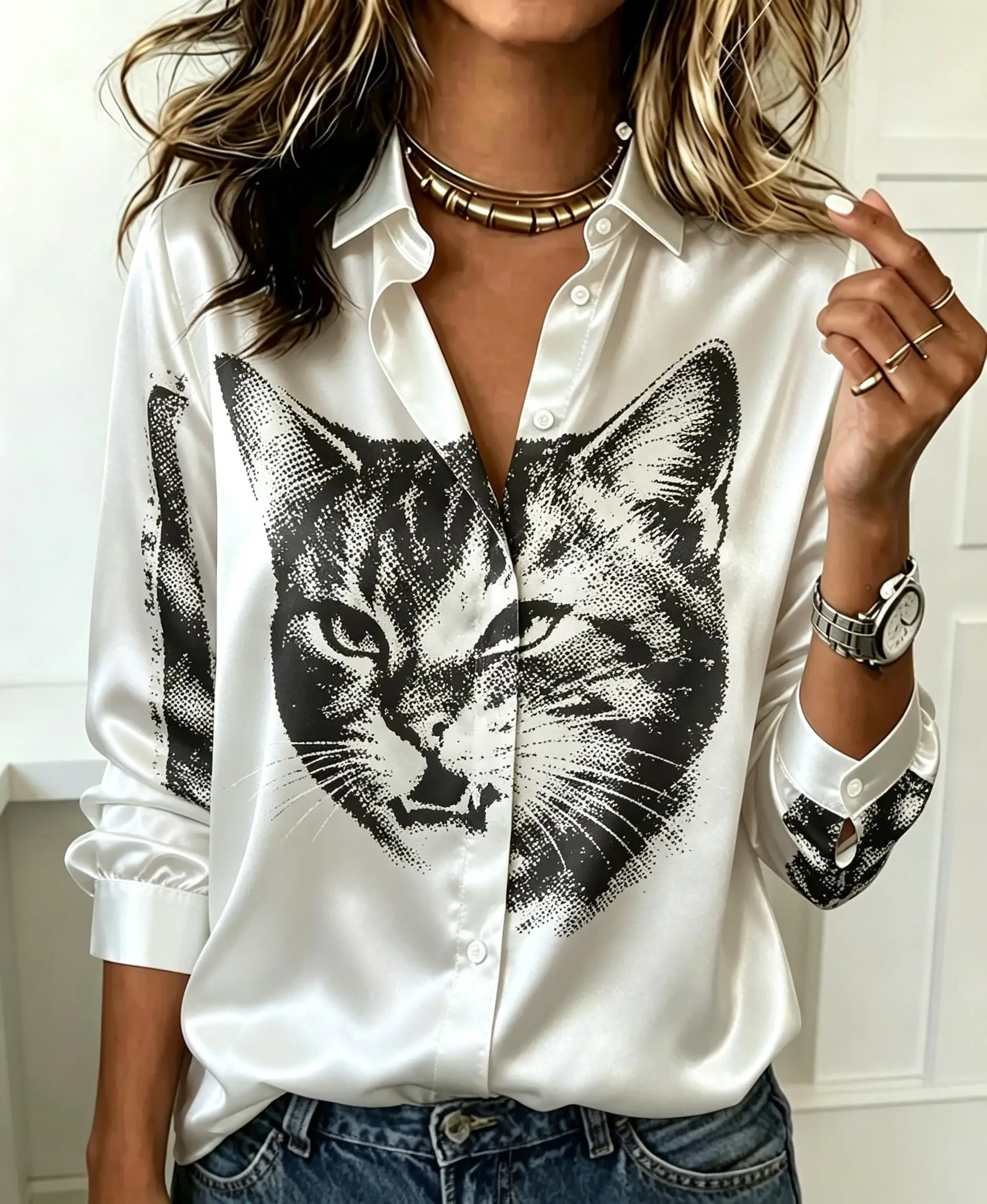 Women Retro Animal Graphic Print Button Down Shirt Turn‑down Collar Long Sleeve Blouse Street Office Casual Daily Outfit Top