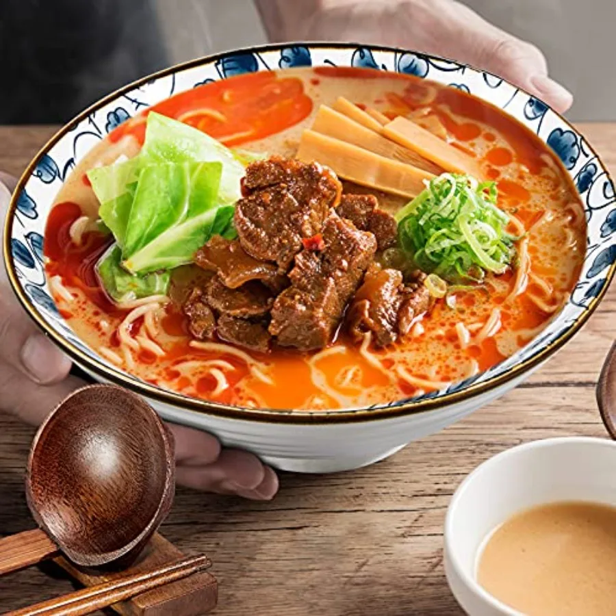 40oz Ceramic Japanese Ramen Bowls Set of 4, 8 Inch Deep Asian Pho Udon Soup Noodle Bowls with Chopsticks, Spoons and Chopstick