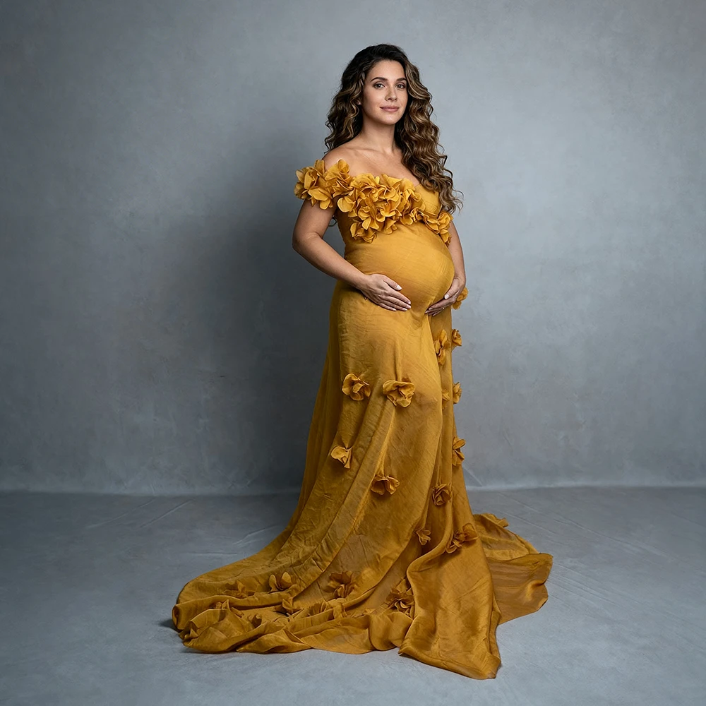 

Maternity Photoshoot Dresses Yellow 3D Floral Applique Off-the-Shoulder Dress for Pregnant Women Evening Dresses YW2603152D