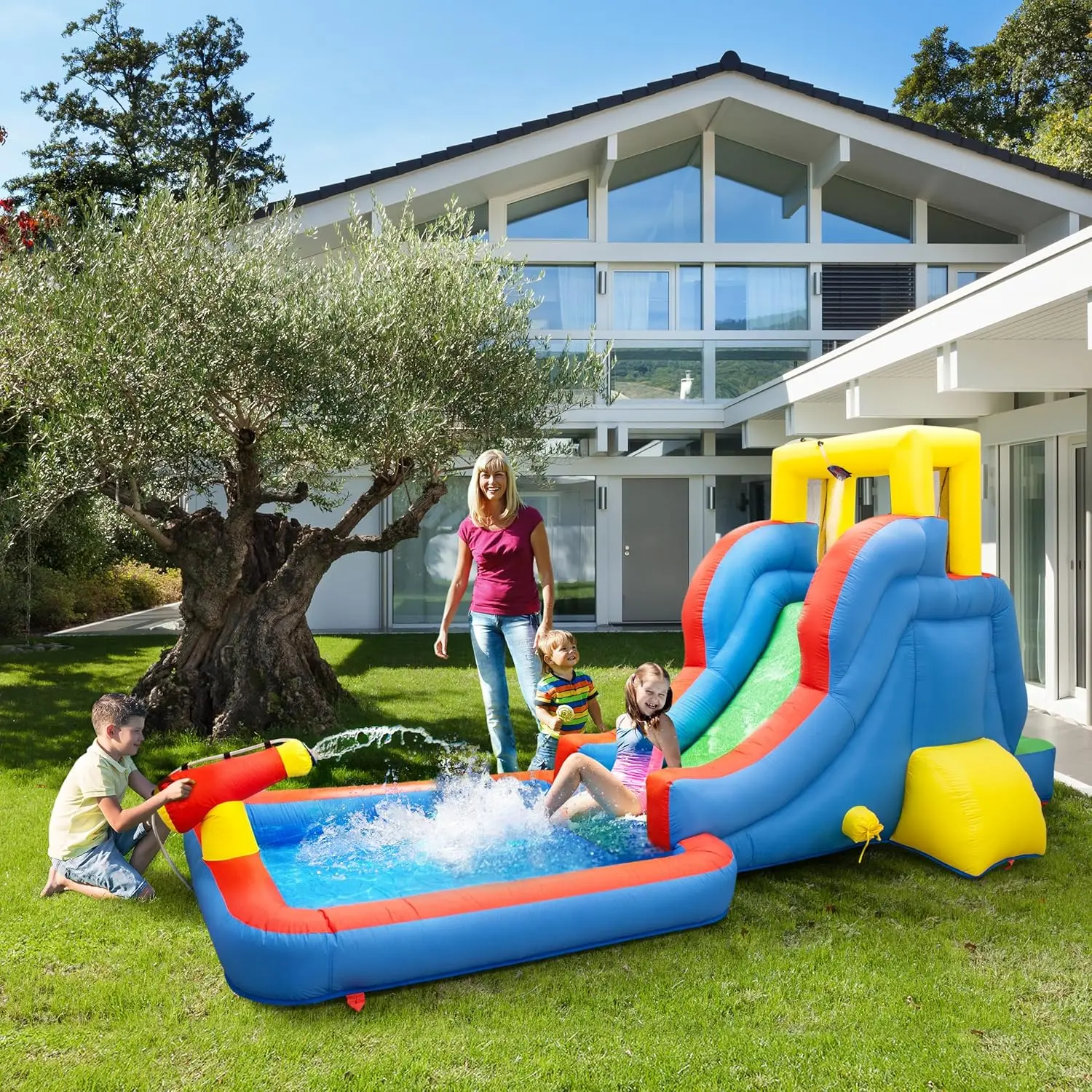 Casetta rimbalzante gonfiabile per parco con scivolo d'acqua con area piscina (zona spruzzi), parete da arrampicata, supporti per spruzzi per soffione doccia, canna da acqua Mou