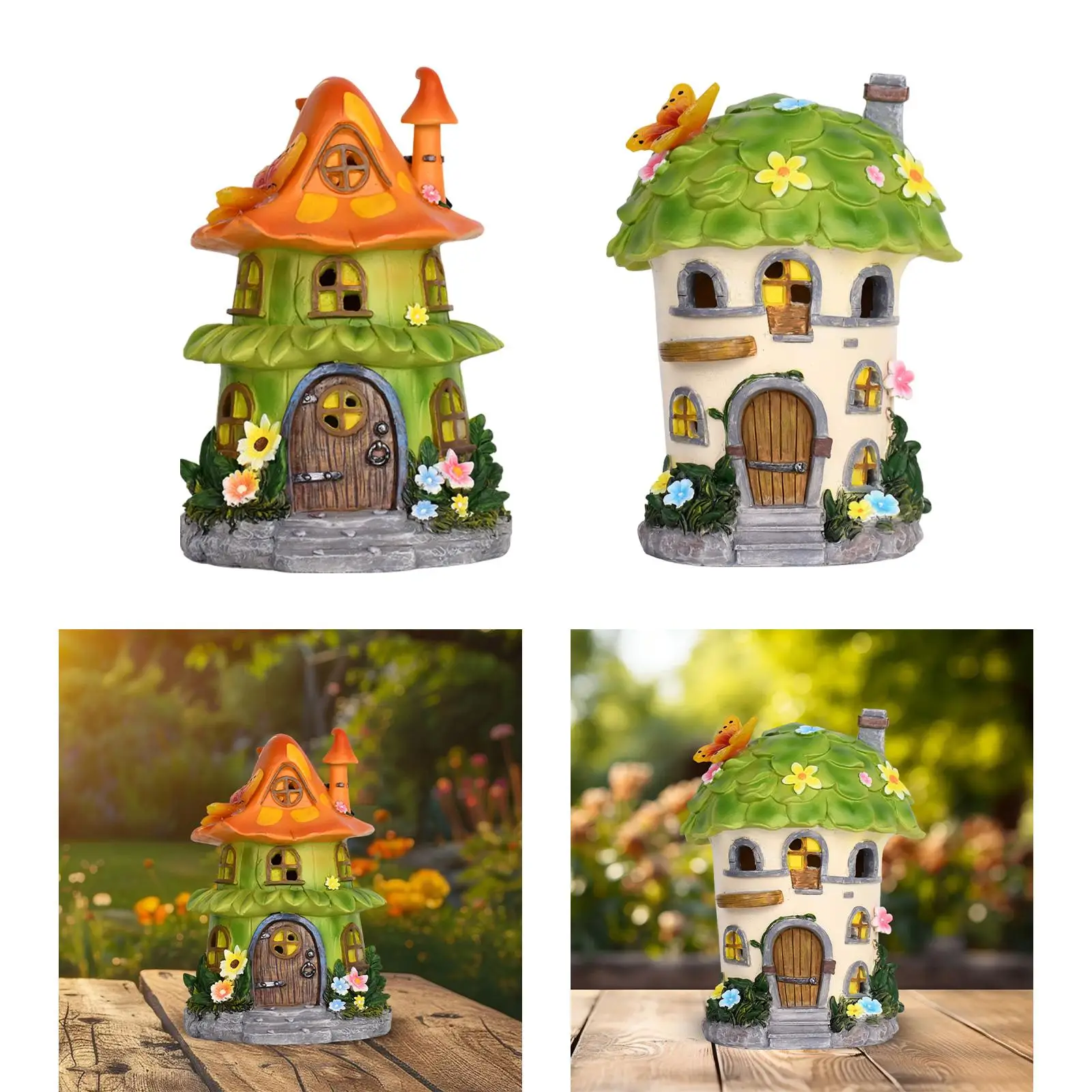 Garden Flower House Statue Funny Yard Ornament Fairy Garden Miniature Landscape Night Light for Lawn Yard Backyard Outdoor Home