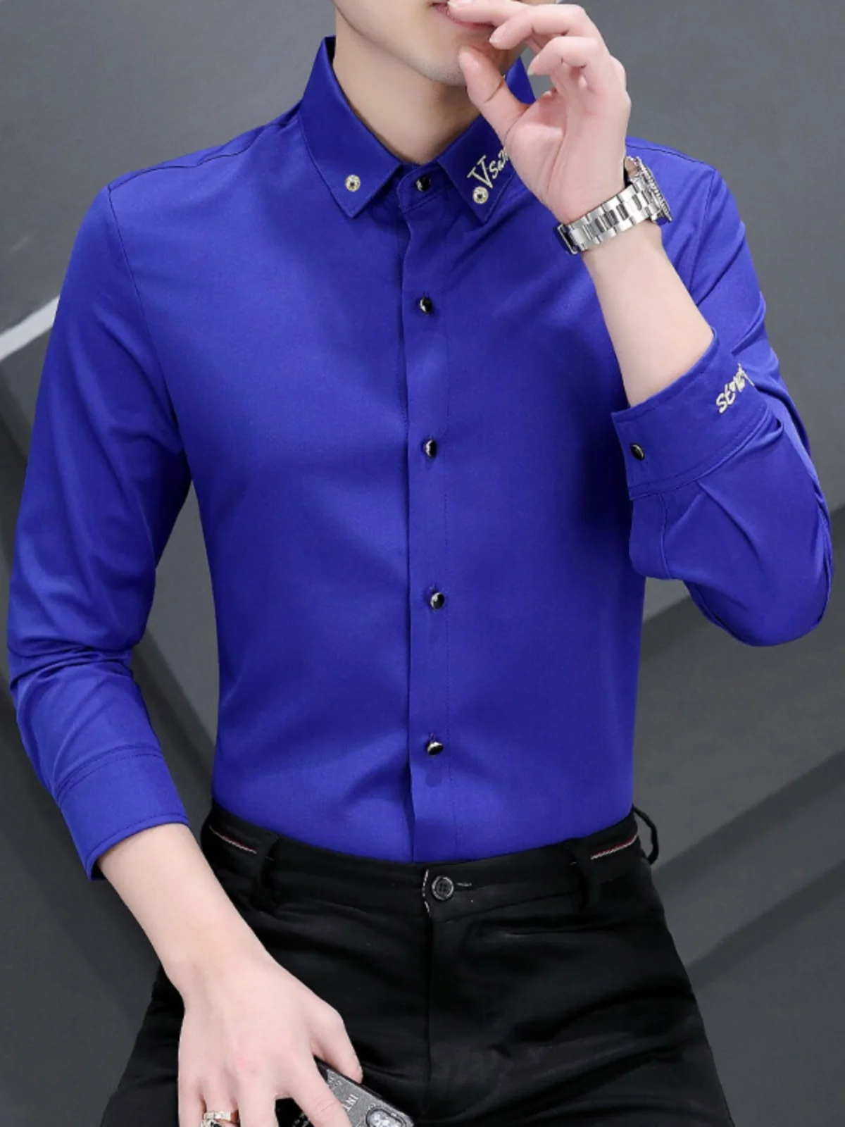 

Spring Autumn Long Sve irt Men's Button Collar Letter Embroidery Casual Pure Color irt Youth Busin Anti-Wrinkle