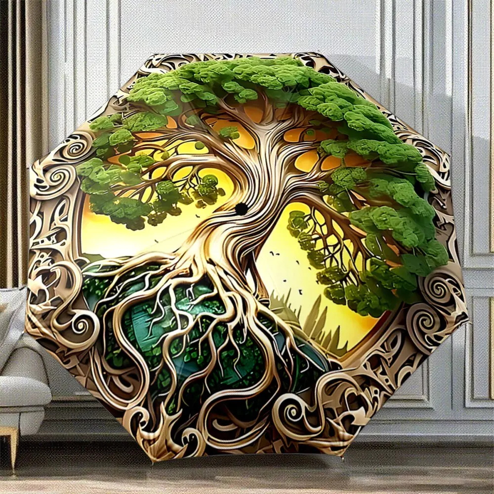

Automatic Folding Umbrella A tree with vibrant green foliage and intricate roots. Portable collapsible design, casual outdoor