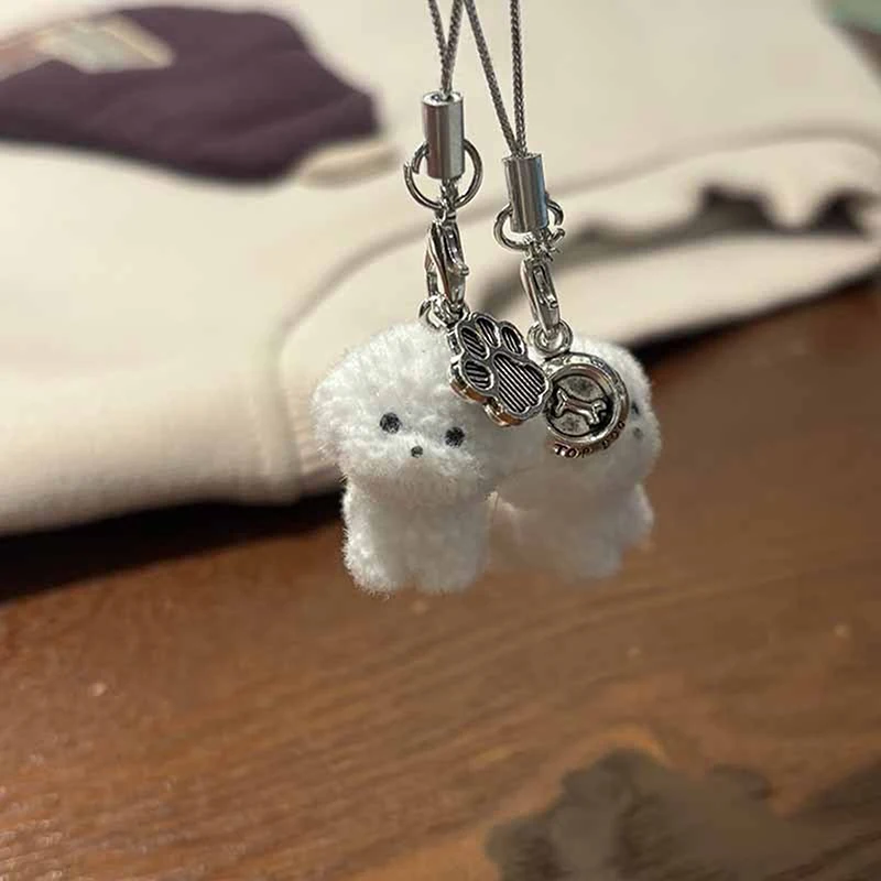 Flocked Resin Dog Puppy Keychain 3D Little Plush Animal Pendant Backpack Car Keyrings Charms Hangs