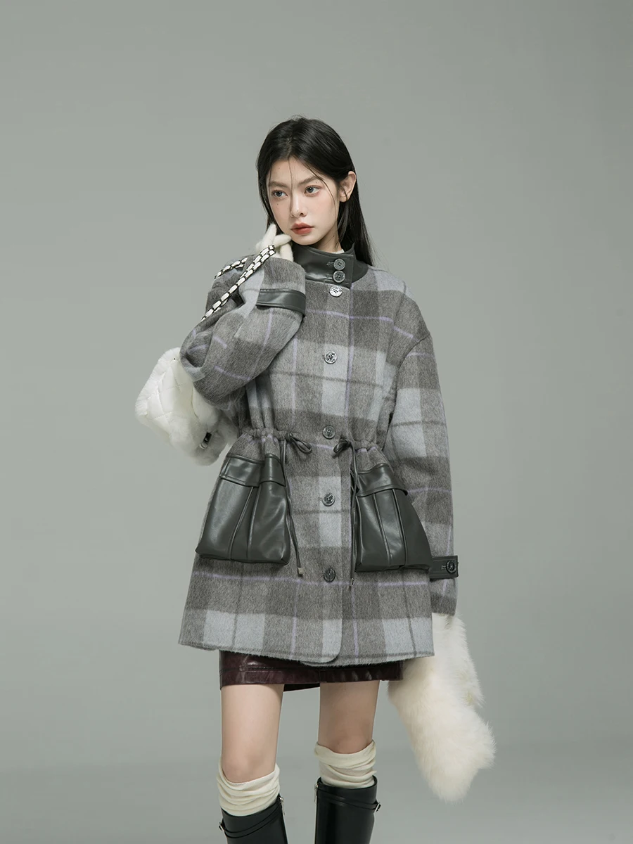 

Женское двустороннее пальто XinXinYue Paris Noon из шерсти, альпаки и кожи с шнурком, для повседневной носки, ветрозащитное