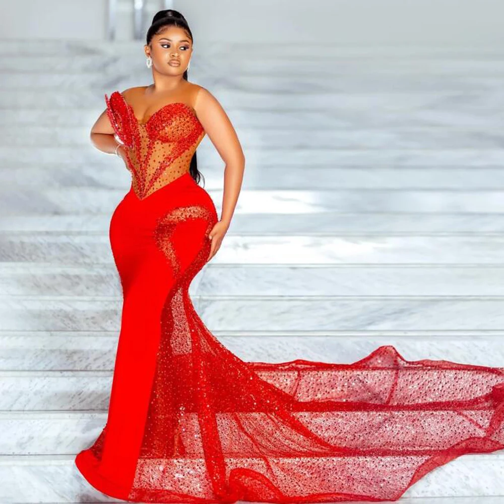 Red Illusion Sequined Prom Dresses See Through Sexy Sheer Neckline Aso Ebi Plus Size Evening Party Dress