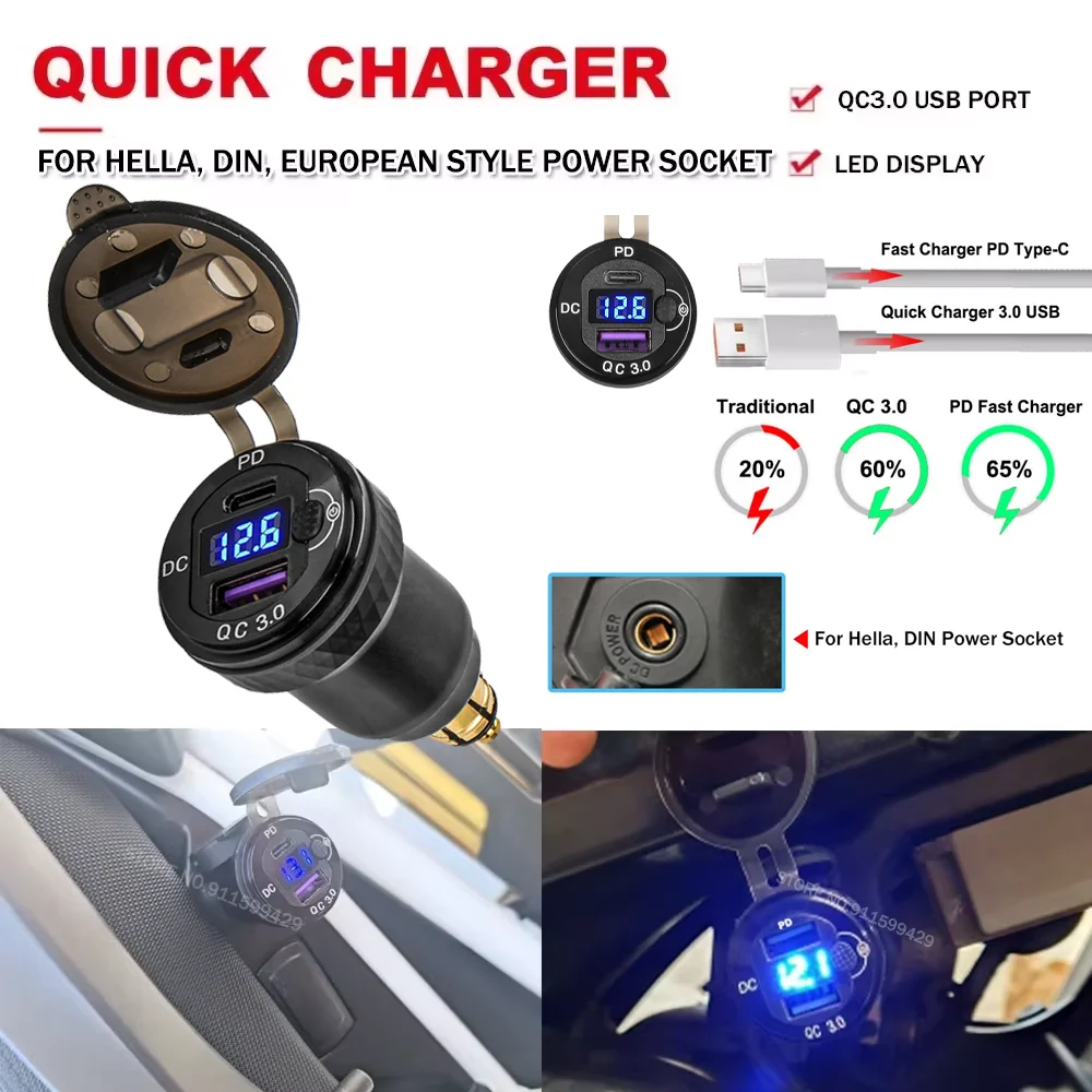 

QC3.0 USB Type C Charger Power Adapter with ON-Off Switch DIN Hella Plug For BMW R1250GS R1200GS Adventure For Ducati For Honda