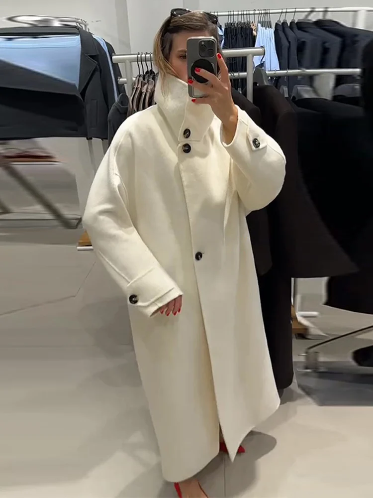 

Casual Woolen Long Coat Women Soild Full Stand Collar Sleeve Button Outwear Female 2025 Winter Spring Chic Streetwear Lady New