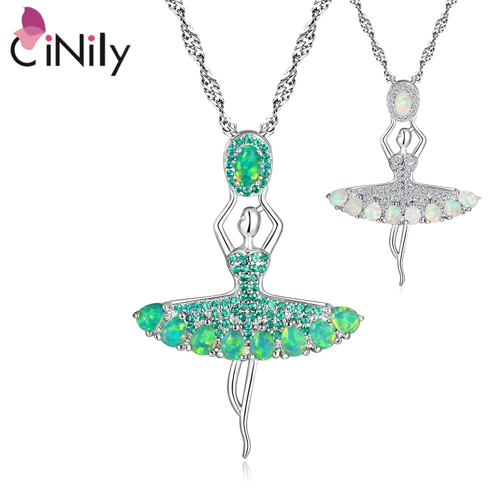 

CiNily Created Green/White Fire Opal Necklace With Cubic Zirconia Silver Plated Ballet Girl Pendant Necklace for Women Jewelrys