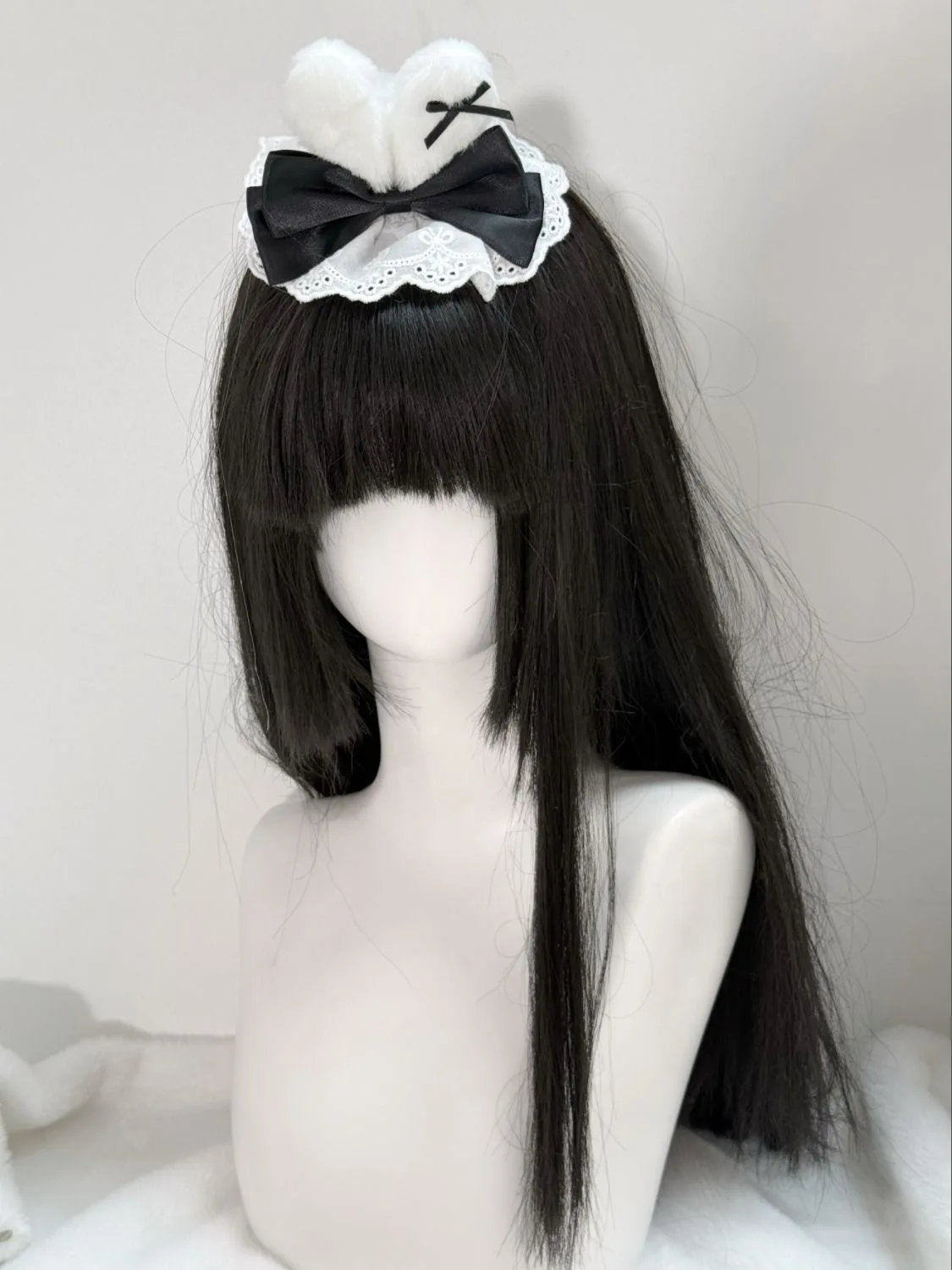 Oryginalna ręcznie robiona kokardka uszy królika dziewczyna nakrycie głowy w kształcie kuli czarno-biała mini koronkowa czapka spinka do włosów śliczna dekoracja Lolita