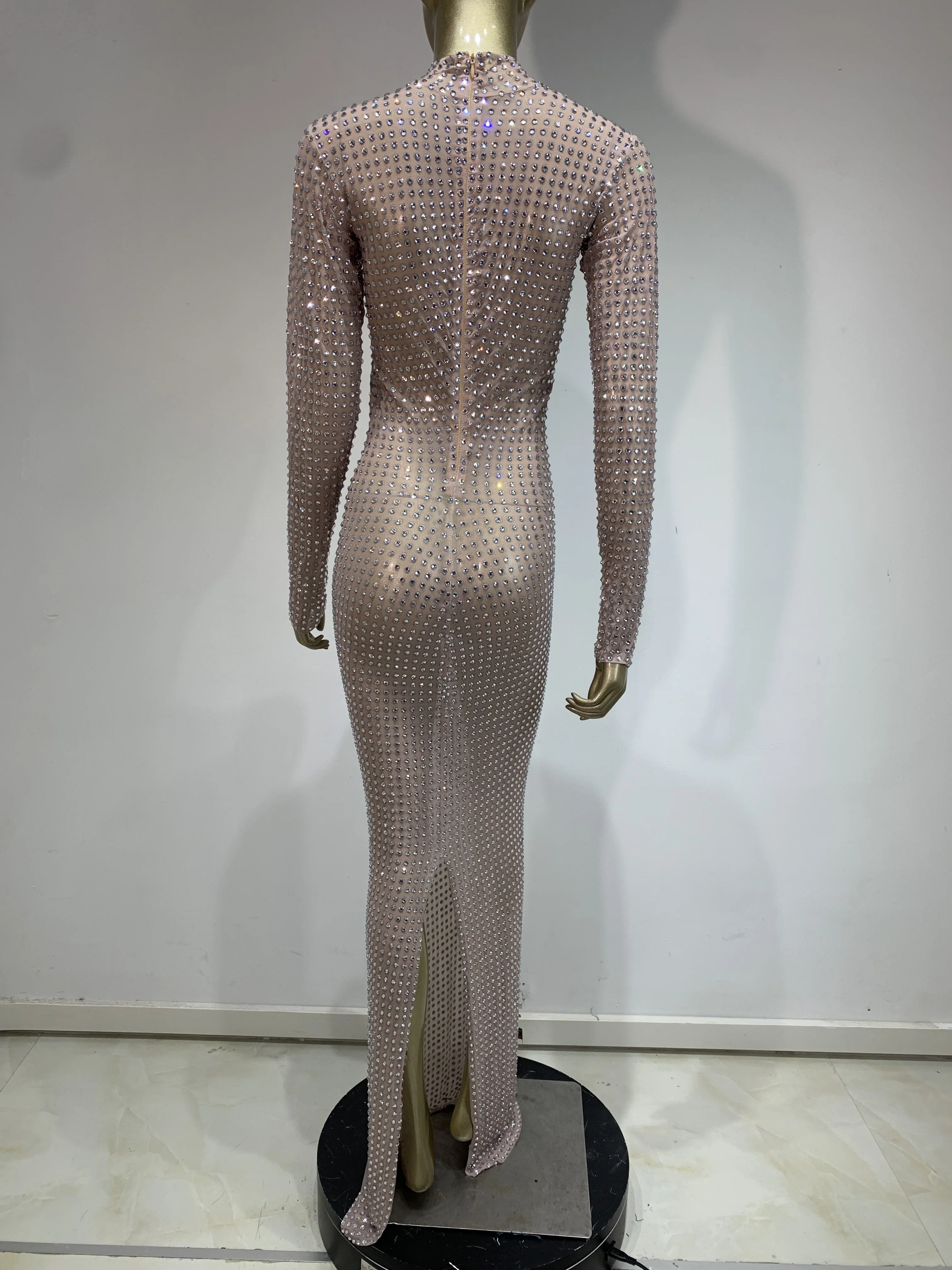 2025 nuevo vestido transparente para sesión de fotos, vestido largo Sexy de malla elástica con diamantes de imitación brillantes, traje elegante para fiesta de graduación y celebridad