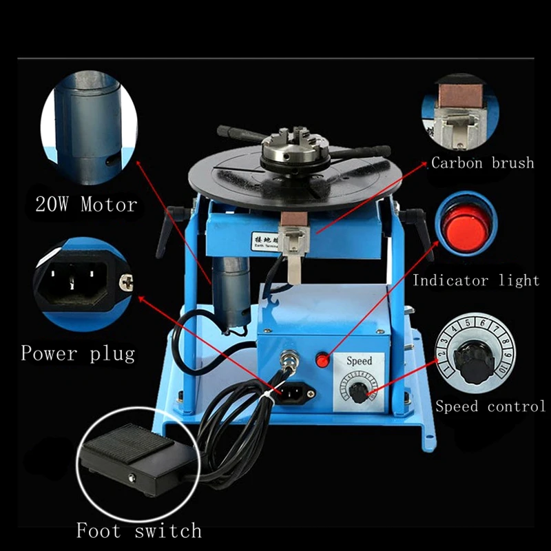 10KG Semi-Automatic Mini Rotary Welding Positioner Turntable Tilte Table 0-90º 65mm 3 Jaw Lathe Chuck