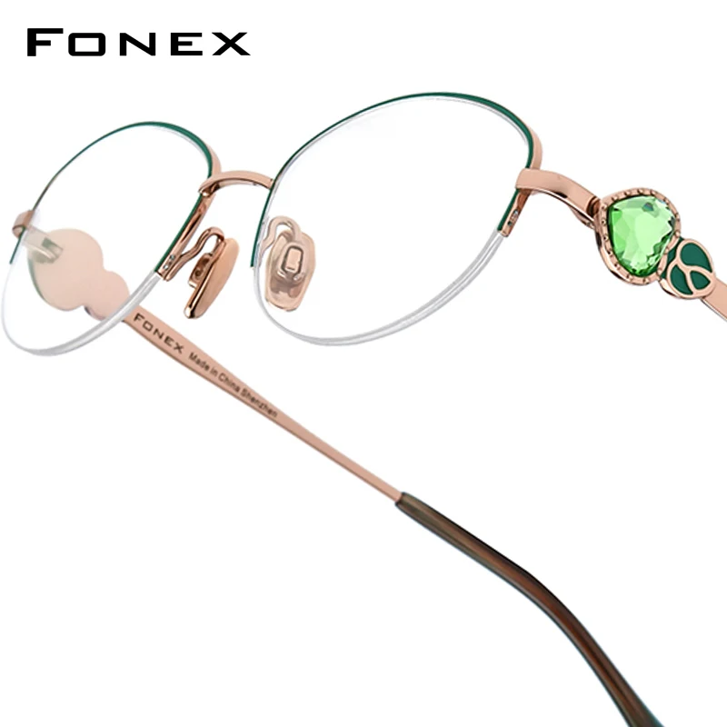 FONEX Titanium Glasses Frame Women Luxury Brand Designer Diamond Trim Semi-Rimless Eyeglasses High Quality Japanese Eyewear 6123